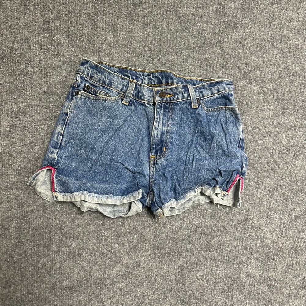 Wrangler Denim Shorts Womens Size 4 Blue Emerald High Waist Pink Stitch Cuffed